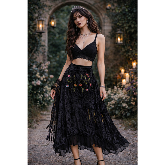 Nataya Dresses & Skirts - Na-Ta-Ya Womens Velvet Whimsigoth Skirt M Beaded Fairy Renaissance Embroidered